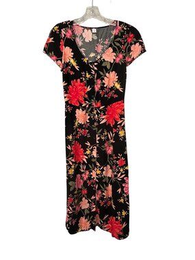 Old Navy Black Floral Button Front Midi Dress Small Rayon Short Sleeve